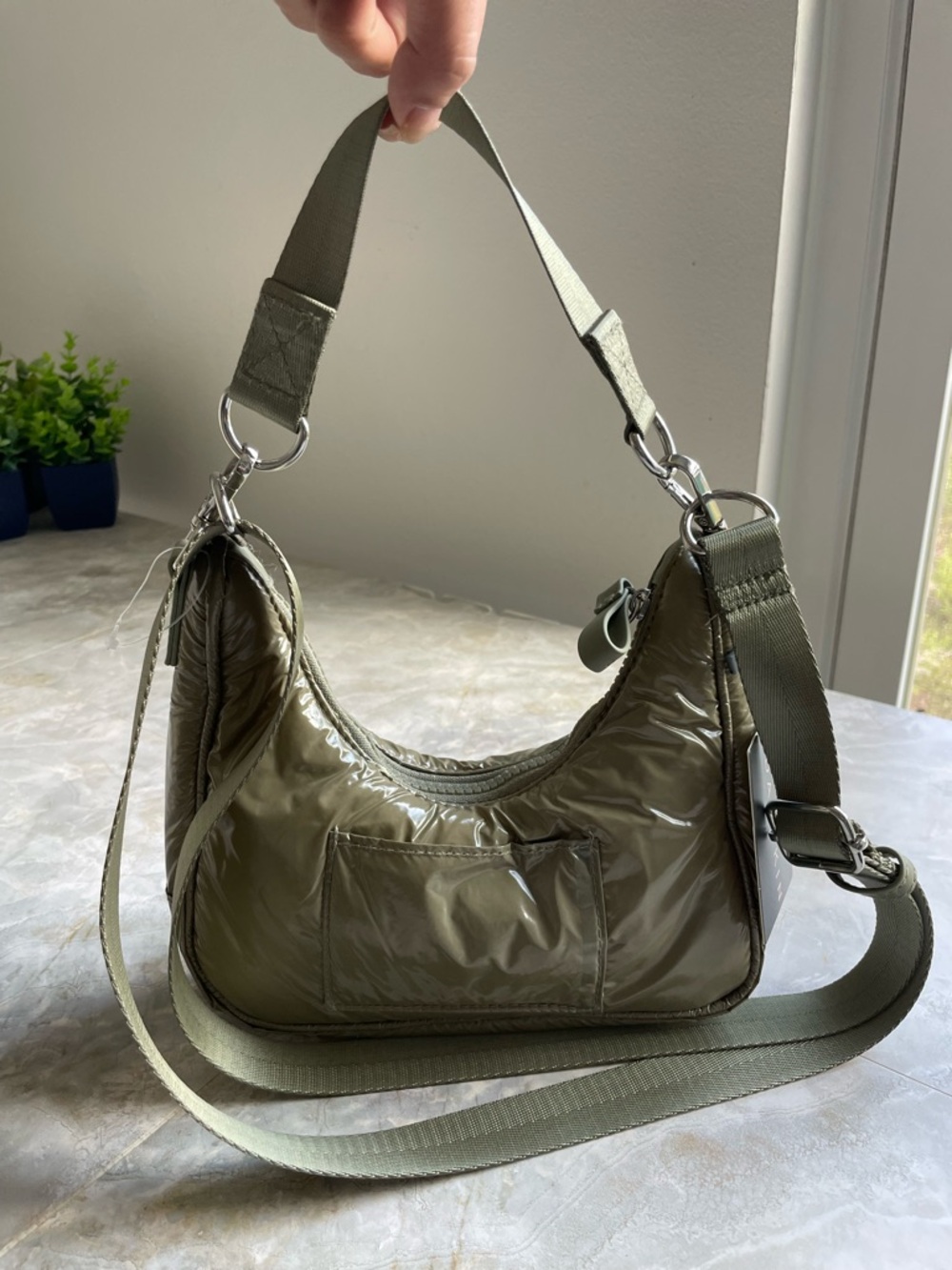 Danskin Olive Green Quilted Shoulder Bag with Detachable Strap